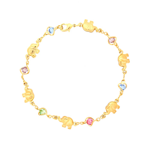 The Elephant Charms and Multicolor Birthstone Crystal Beads Bracelet, crafted with 14k gold-filled material, features alternating elephant charms and vibrant crystal beads in blue, pink, and green. The elegant chain with a secure clasp adds a playful yet sophisticated touch to its design, combining style with a hint of spiritual protection.